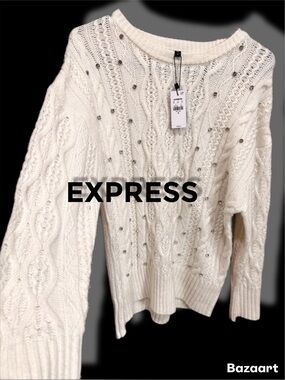 Express Cream Cable-Knit Sweater with Bead Embellishments